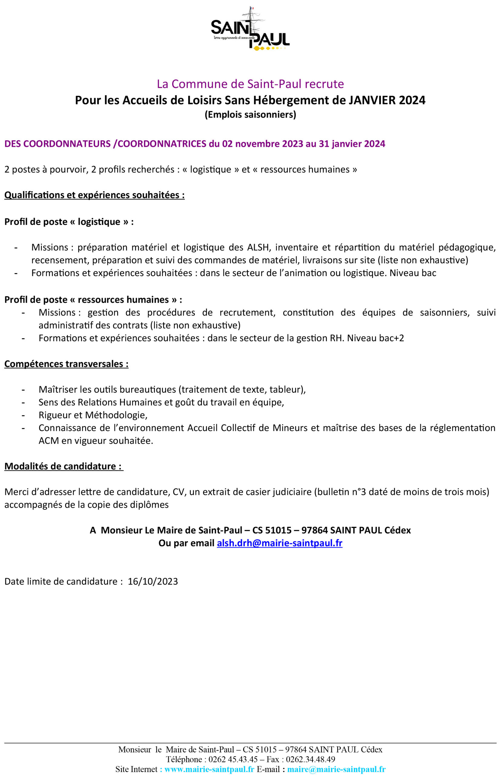 La Mairie Recrute Ville De Saint Paul